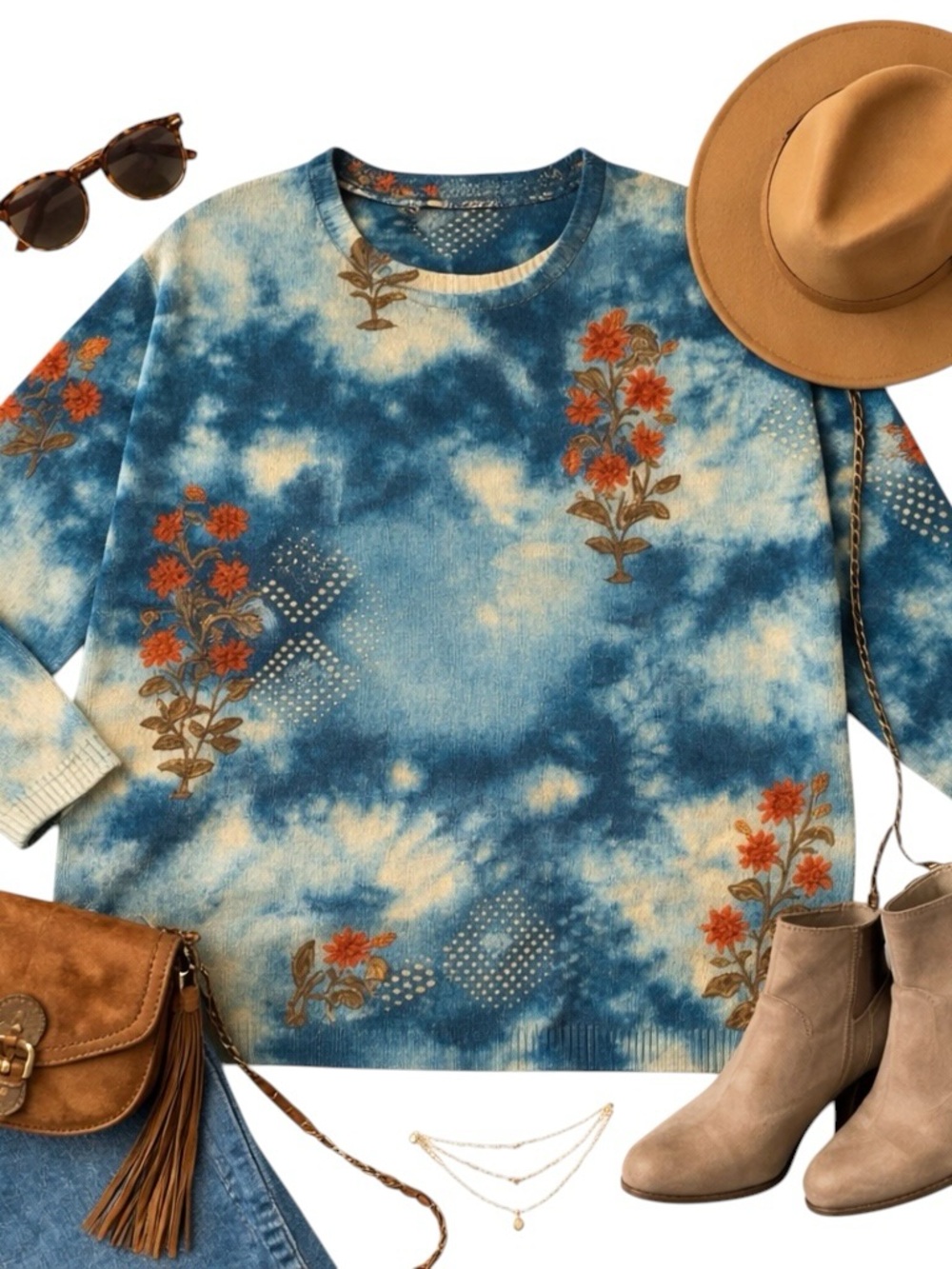 Yesno Soft Boho Oversized Sweater Tie Dye Floral Embroidered Womens Large in EUC